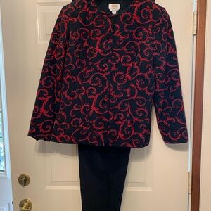 Talbots 2 piece silk and pants & Jacket with Red Swirl on Black
